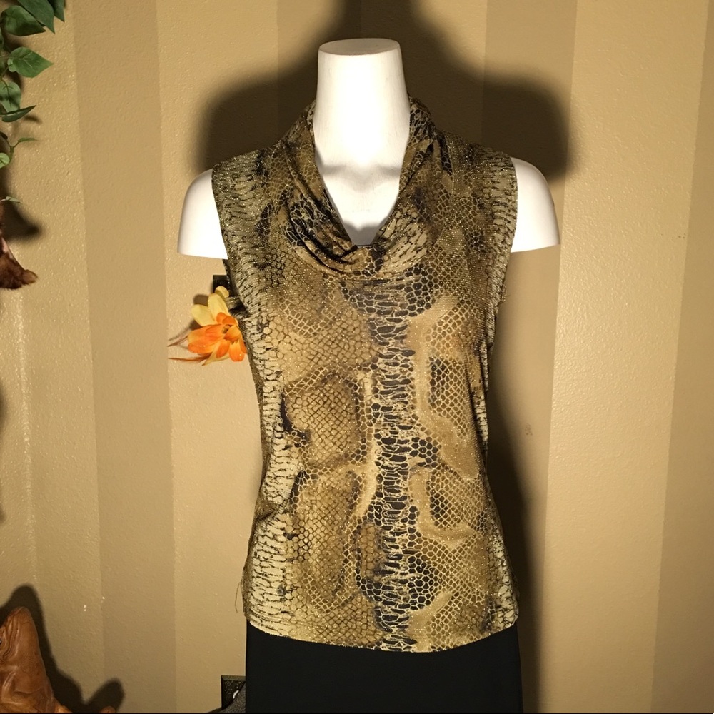 Sleeveless scoop-neck metallic olive green top.